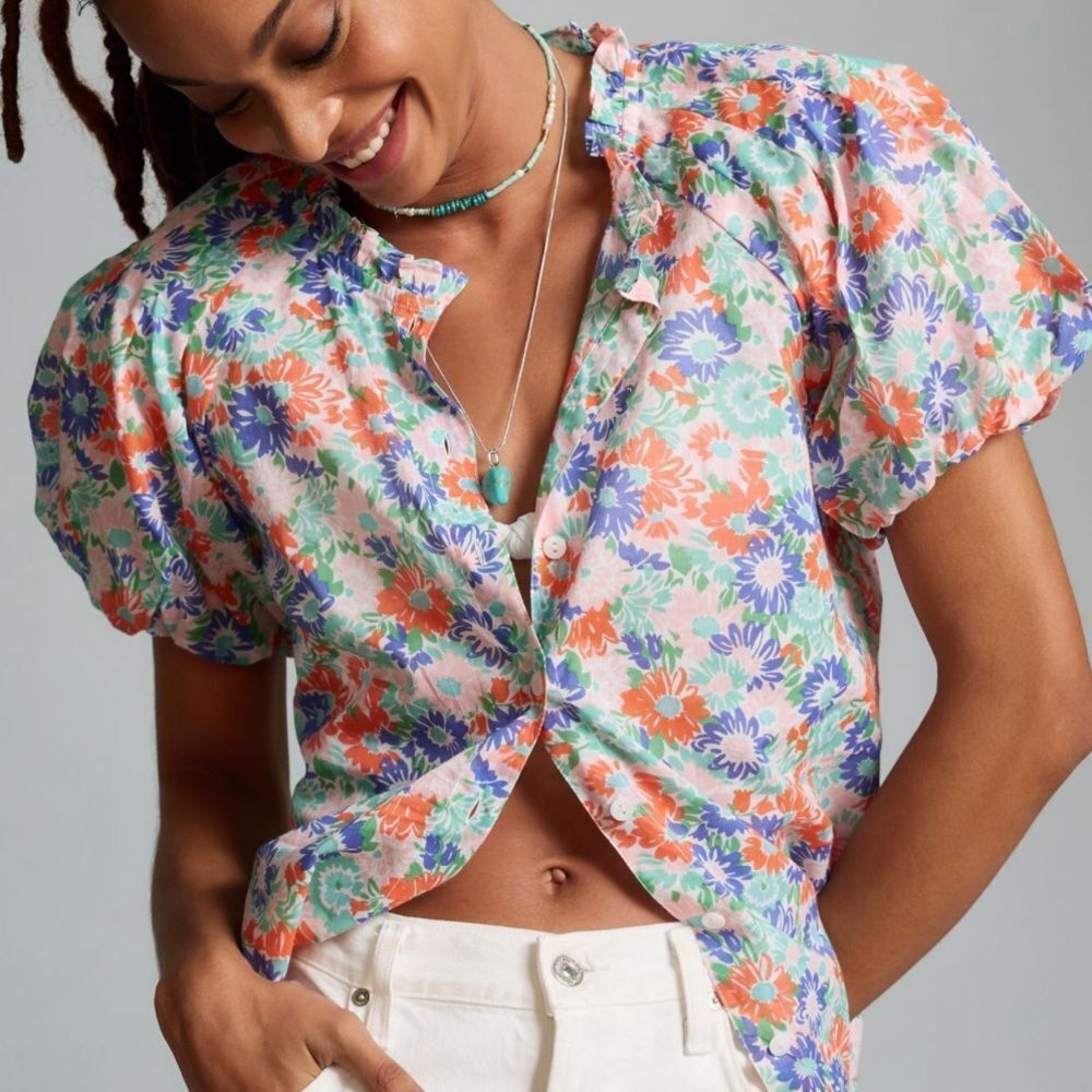 Banjanan Tammy Pink and Blue Buttondown Floral Blouse